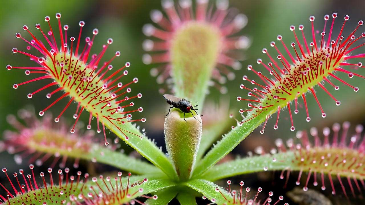 Sundew plant with a fruit fly trapped on its sticky leaf."