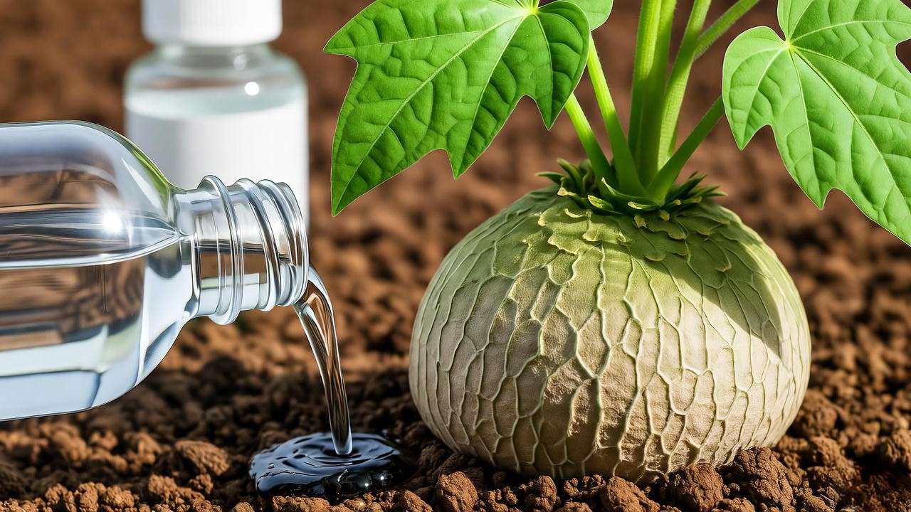 Applying diluted fertilizer to a Dioscorea elephantipes plant soil."