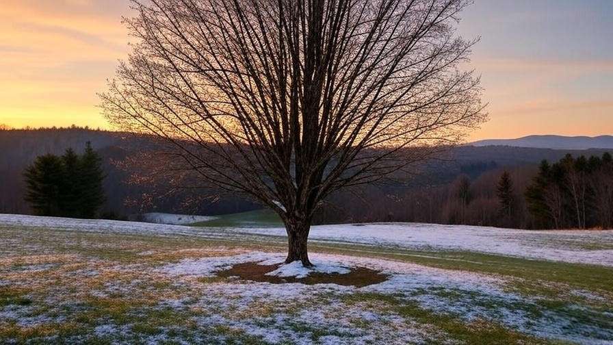 Sugar maple tree fertilized with slow-release fertilizer in a snowy Vermont landscape".