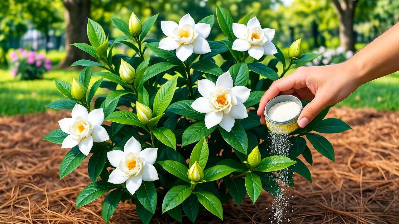 Applying bloom booster fertilizer to gardenia veitchii plant in summer