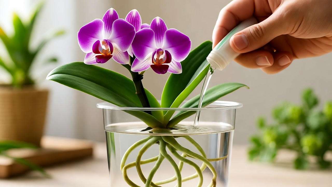 Orchid being fertilized with diluted water solution during watering, promoting healthy growth and blooms".