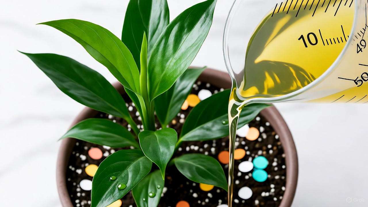 Applying diluted balanced fertilizer to confetti plant during growing season