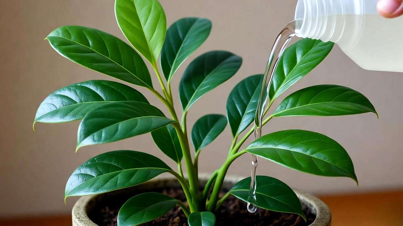 Ficus alii plant being fertilized with water-soluble solution for healthy growth"