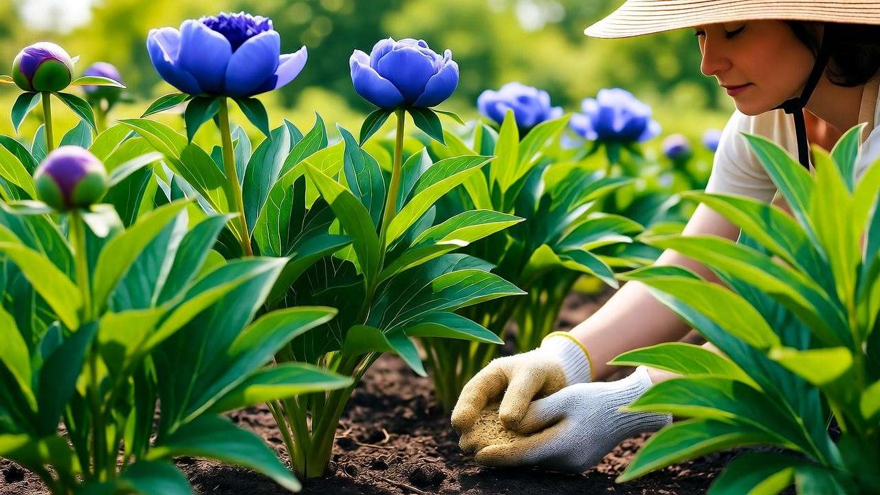 "Gardener fertilizing blue peony plants for vibrant blooms in a spring garden."