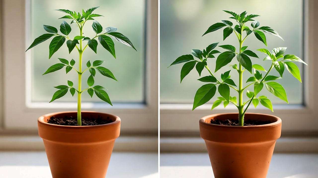 Before and after pruning curry plant seedling for bushier growth