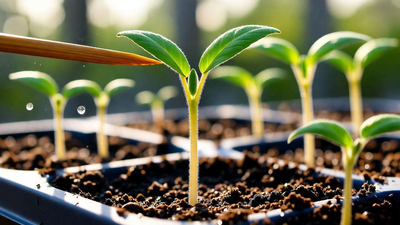 Pricking out fuchsia seedlings into individual pots at true leaf stag