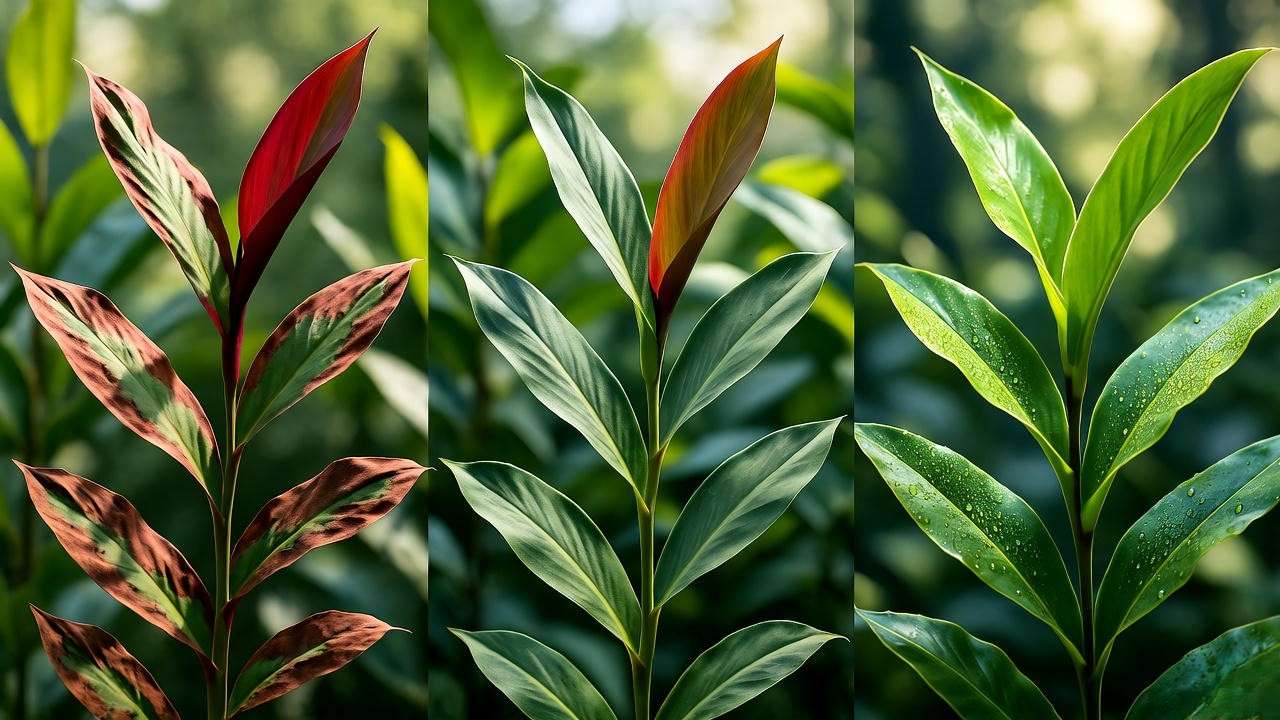 Ginger plant sunburn recovery steps: from scorched red leaves to healthy green.