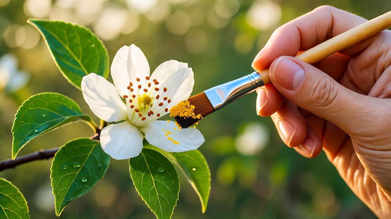 pollinating Citrus medica Etrog flowers with paintbrush for better fruit set