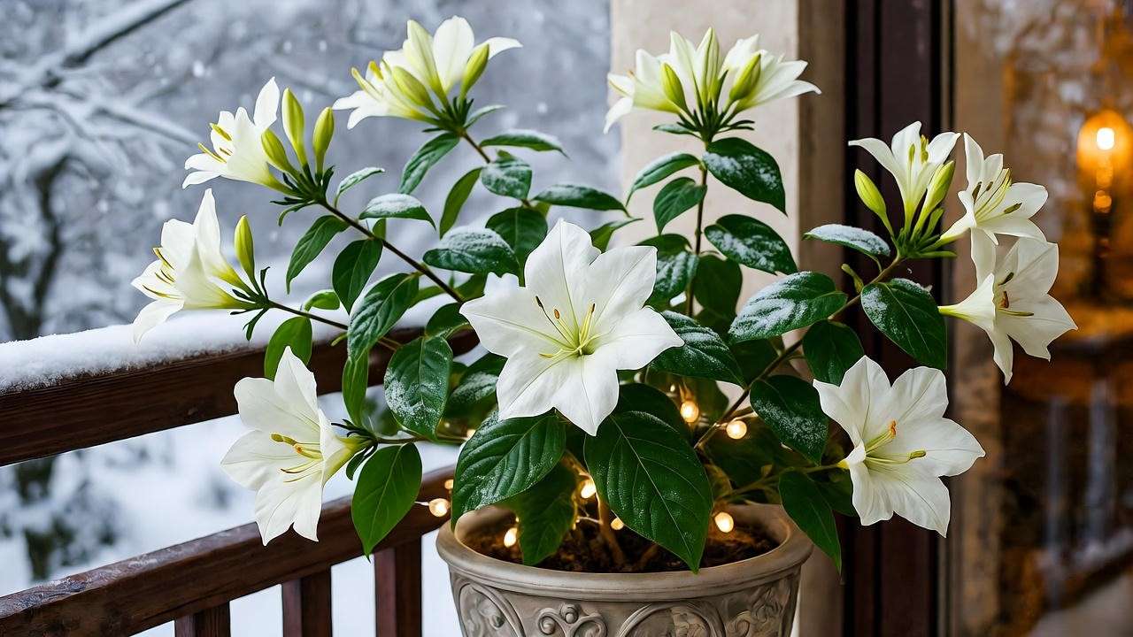 Corymbosa plant in full winter bloom on balcony with holiday lighting