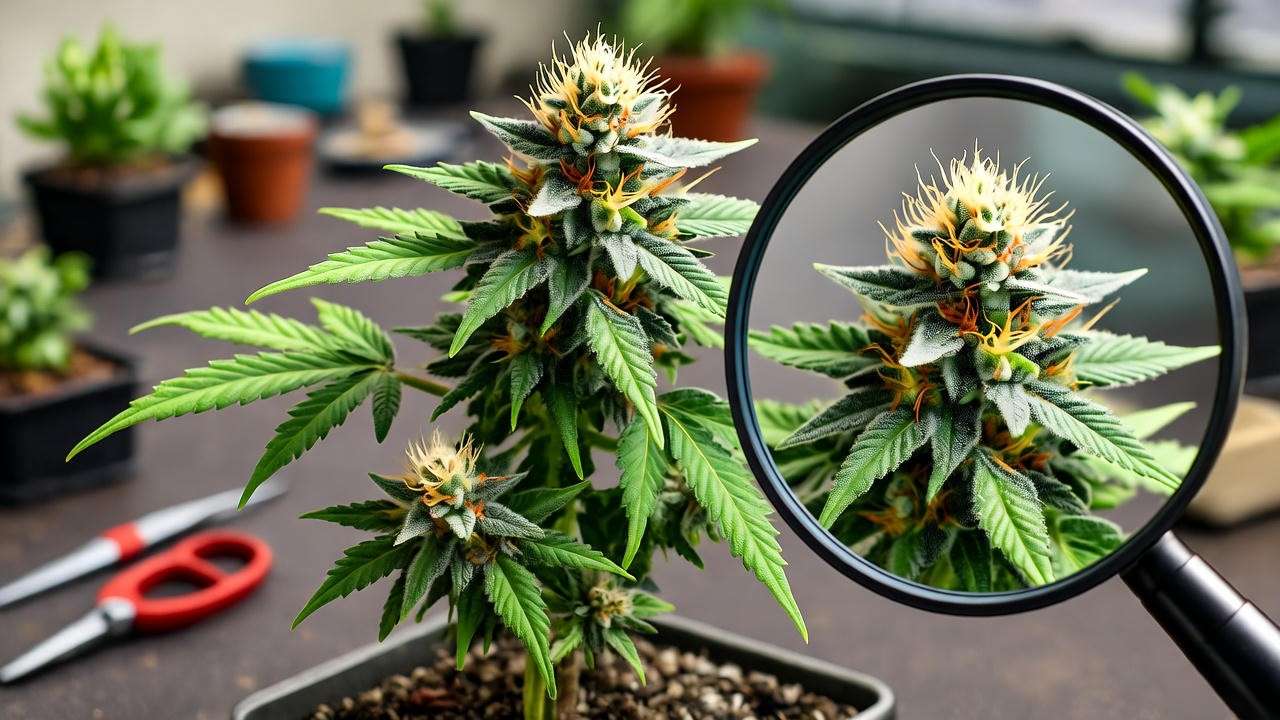 Bonsai weed plant with buds and magnifying glass showing trichomes.