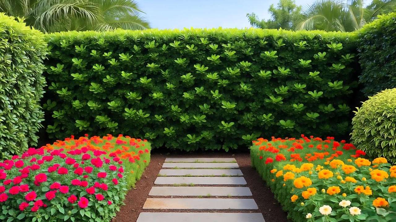 Formal ficus hedge with flowering shrubs in a modern backyard."