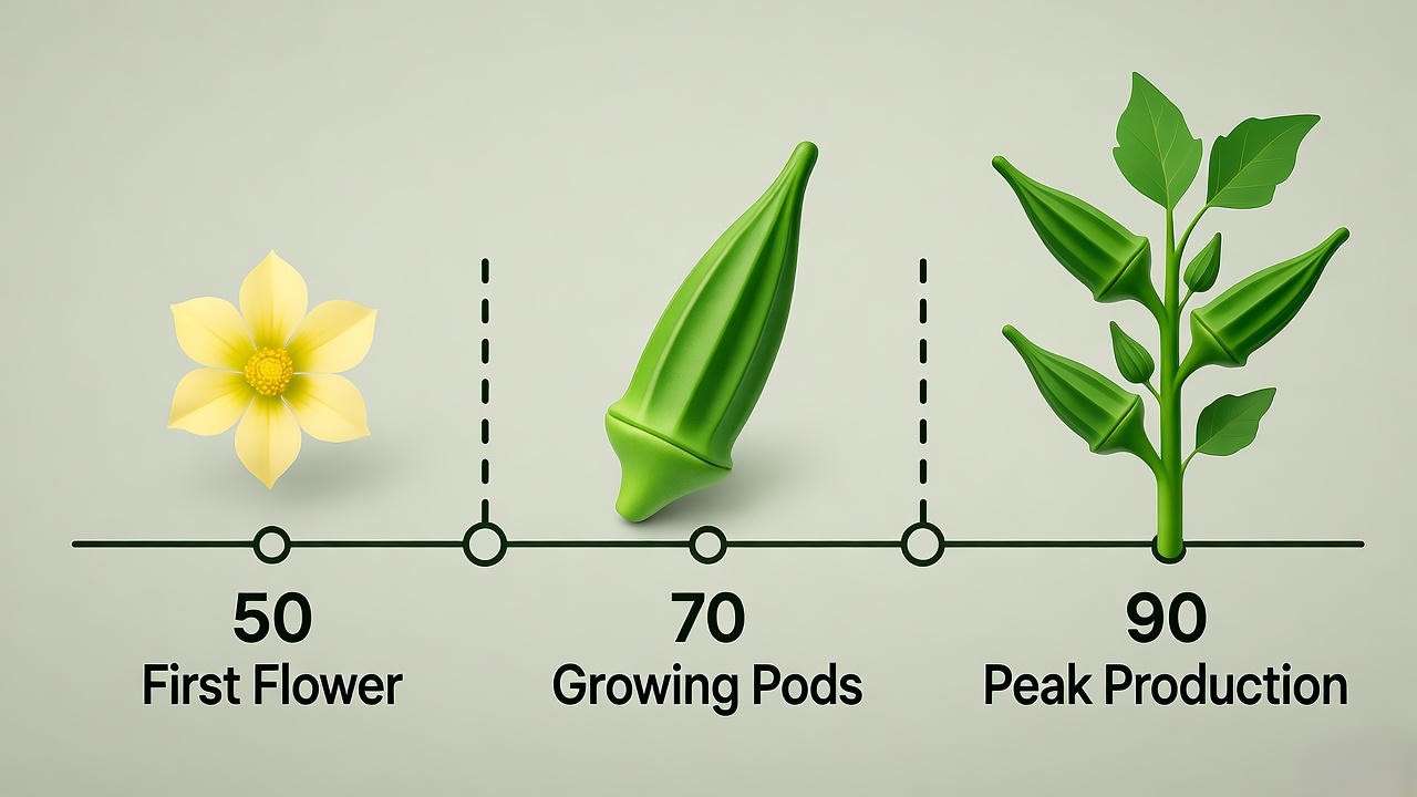 Okra plant lifecycle timeline from flower to full grown pod production