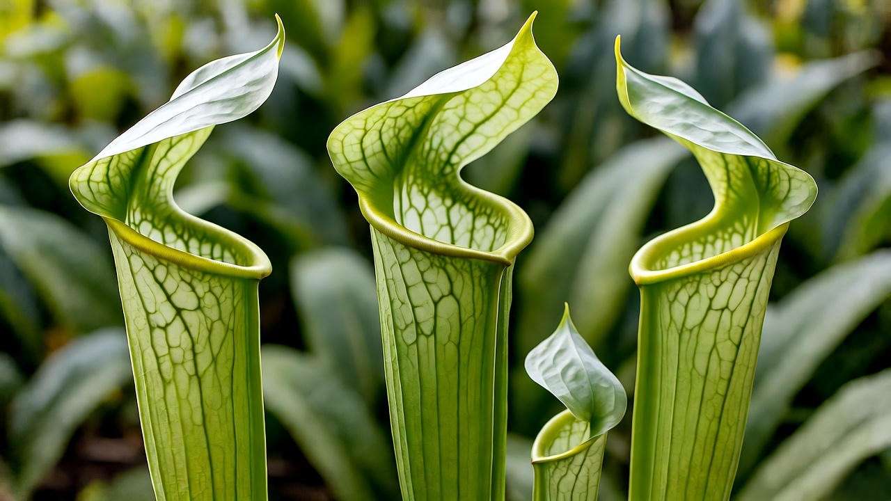 Cobra lily plant with translucent pitcher windows showcasing its insect-trapping mechanism.