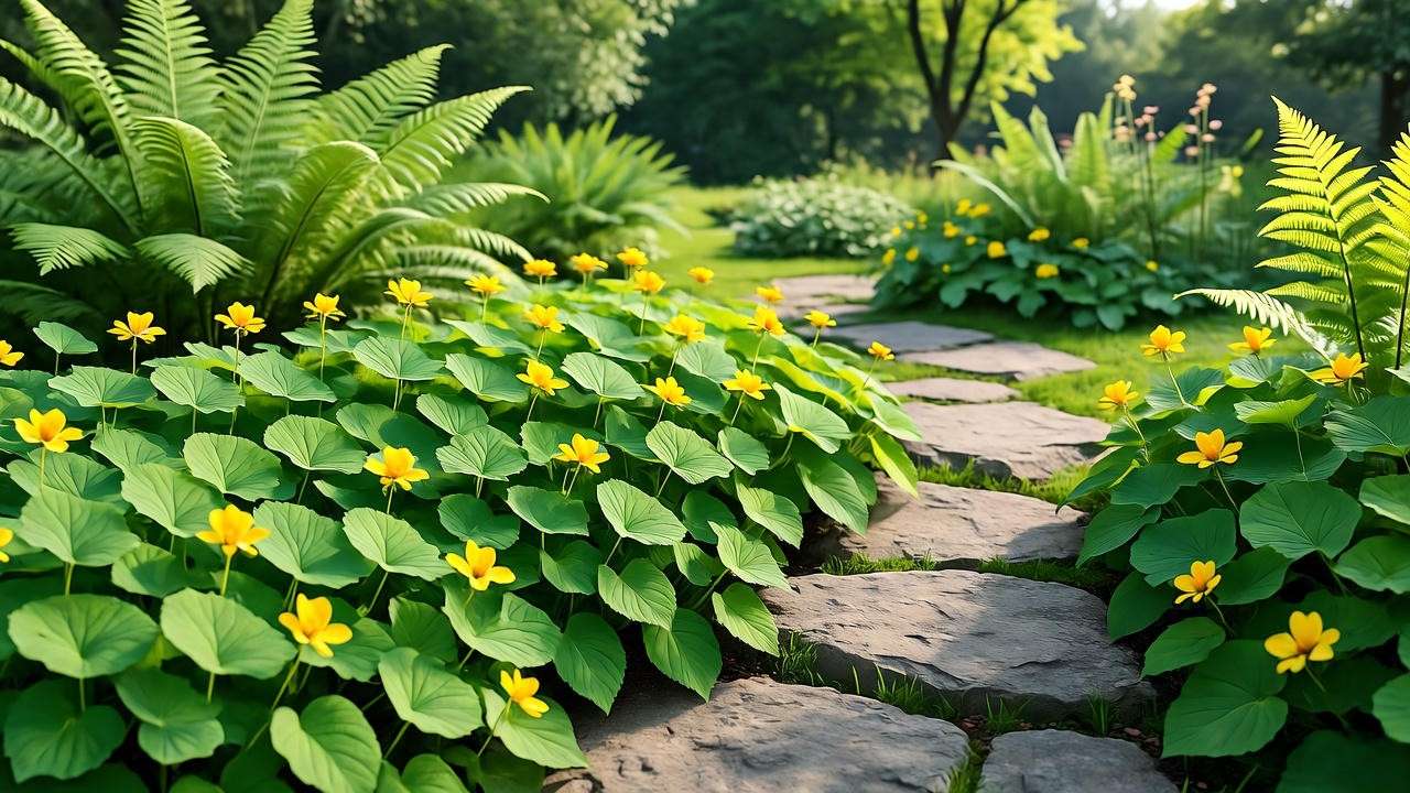 Lush moneywort plant as a ground cover in a garden with yellow flowers and stone pathway."