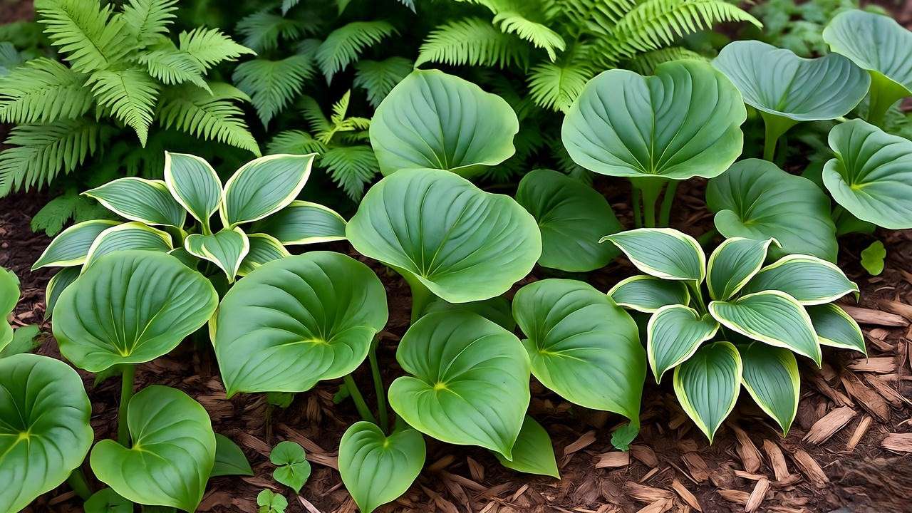Shaded garden with tractor seat plants, hostas, and ferns as ground cover"
