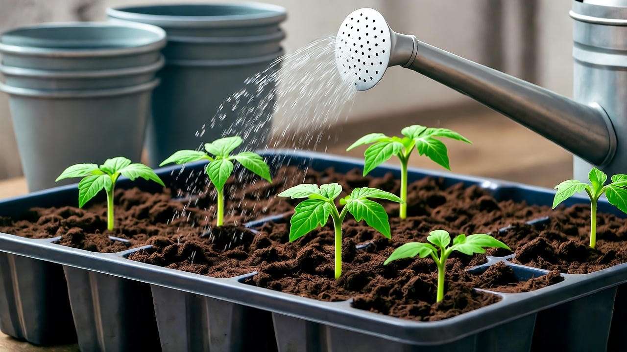 Seed trays with sprouting tomato seedlings and a watering can in a bright indoor gardening setup."