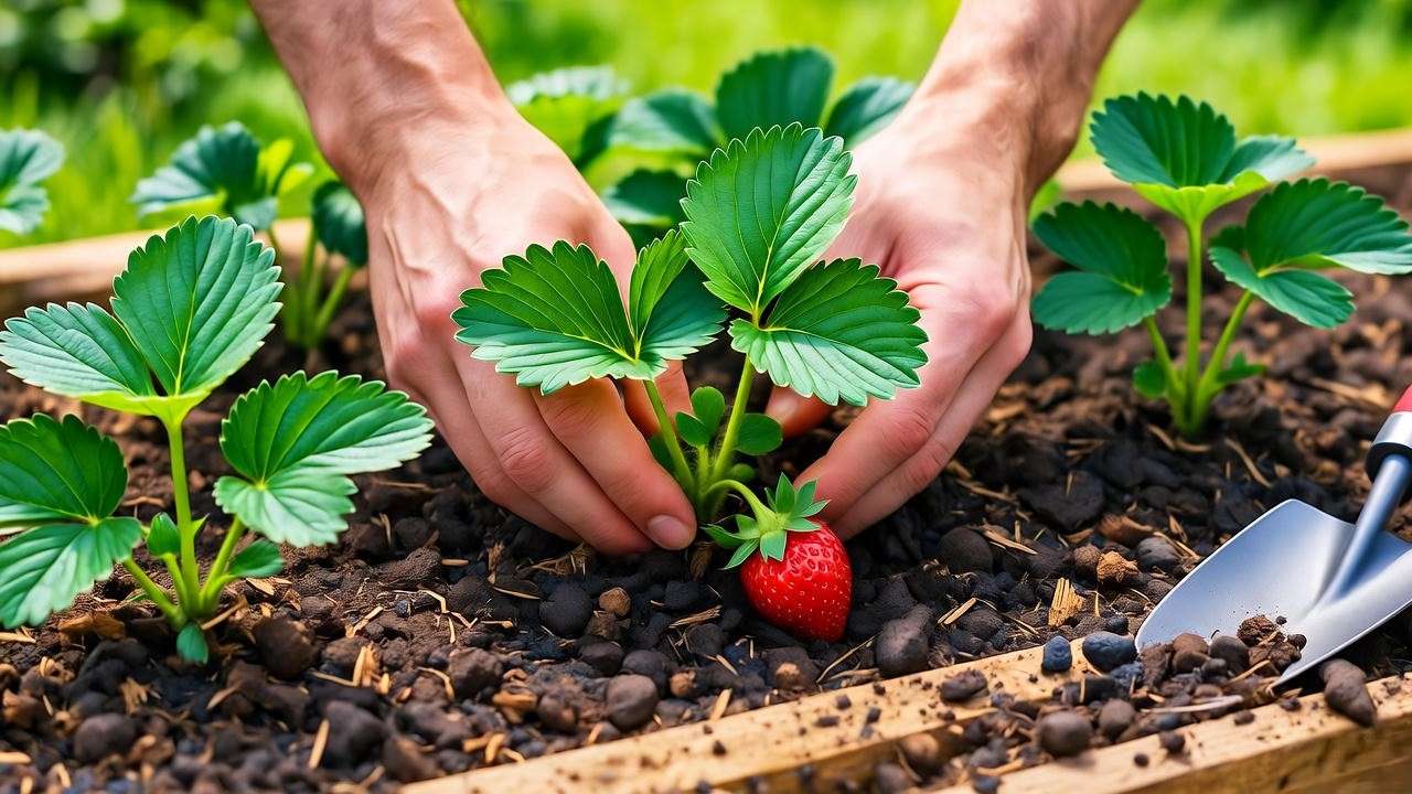 Gardener planting Seascape strawberry plants in a raised bed with compost and tools."