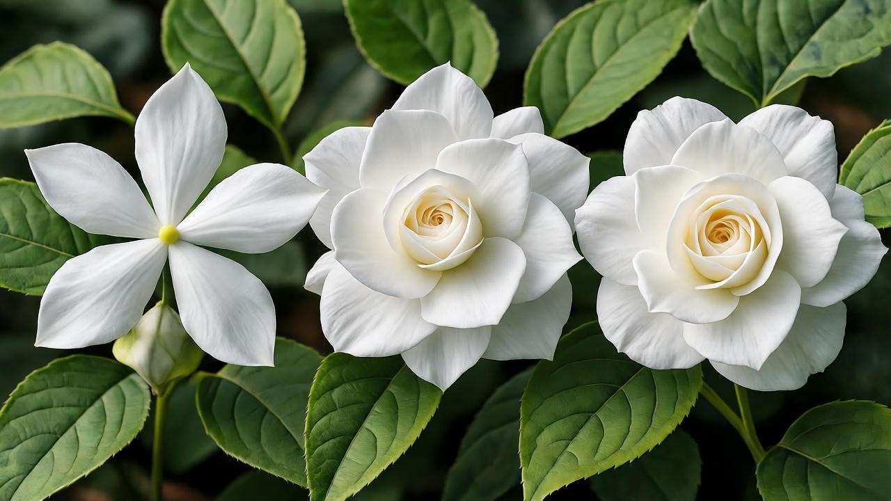Close-up of different Sambac Jasmine varieties: Maid of Orleans, Belle of India, and Grand Duke of Tuscany blooms.