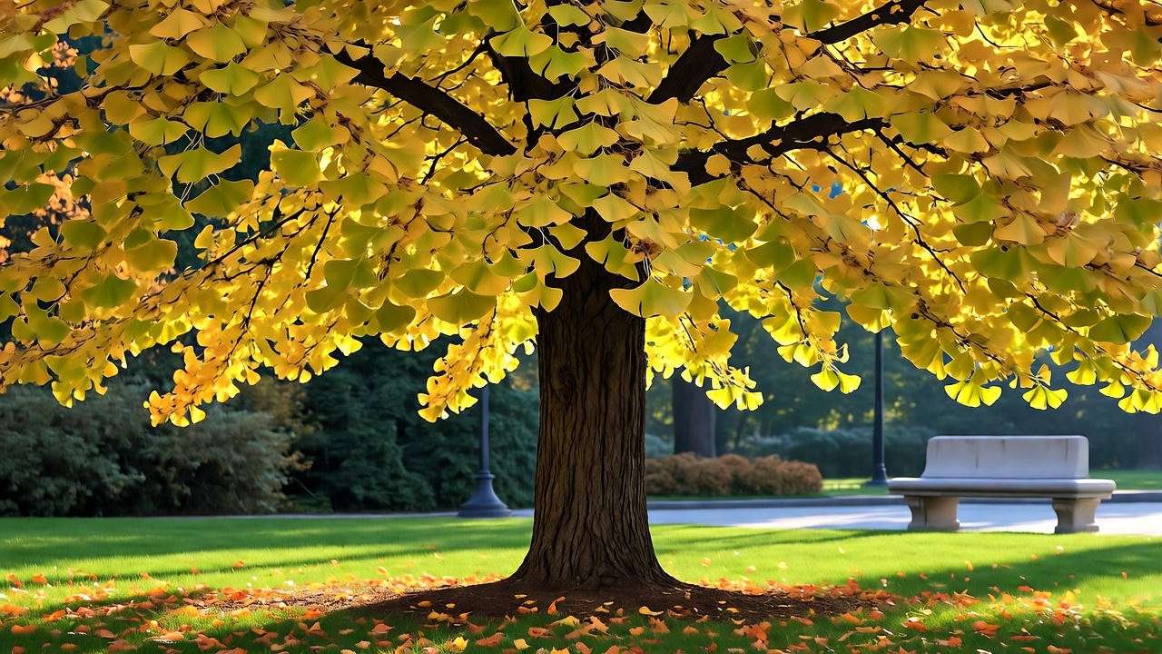 Majestic ginkgo tree with yellow leaves in an urban garden with stone bench