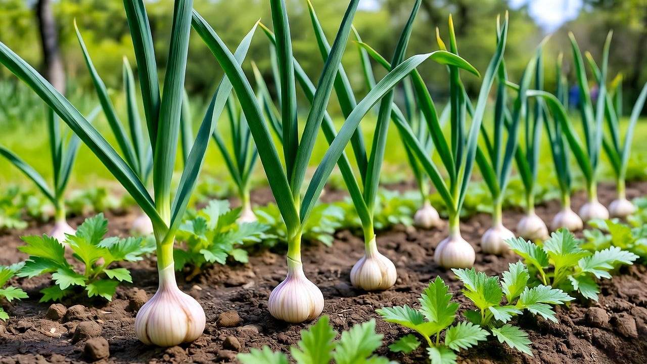 Garlic intercropped with chamomile at 5-6 inch spacing in a sunny garden."