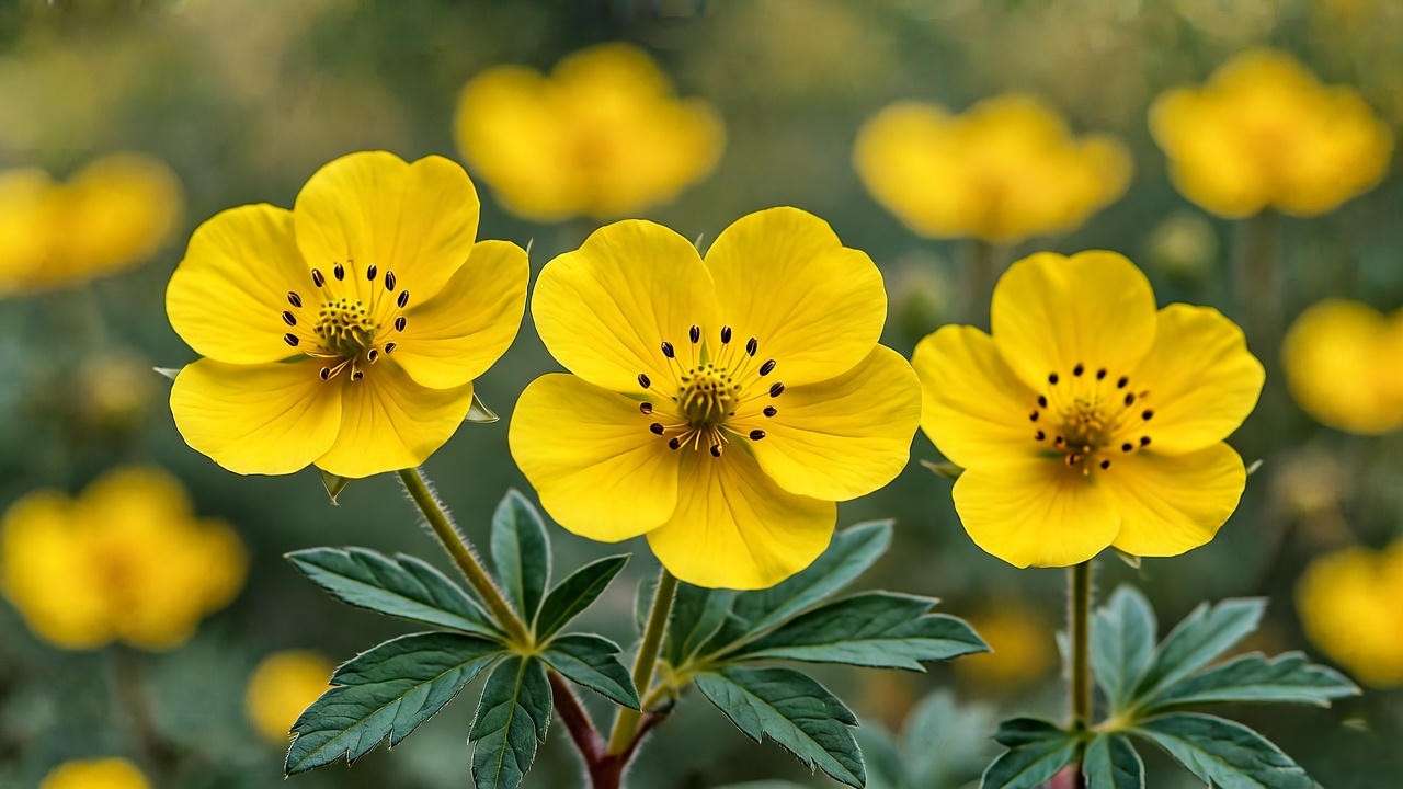 Goldfinger cinquefoil plant close-up showing larger 1.5-inch golden blooms and dark green pinnate leaves