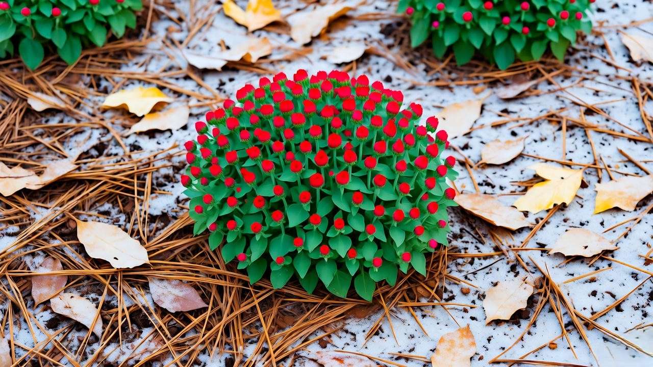 Red mum plant in a garden bed covered with straw mulch for winter protection