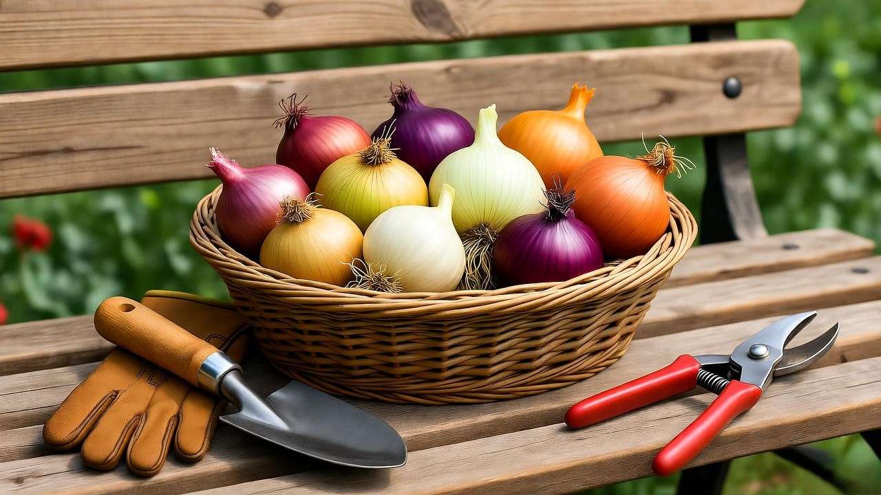 "Harvest of various onion bulbs in a basket with gardening tools"