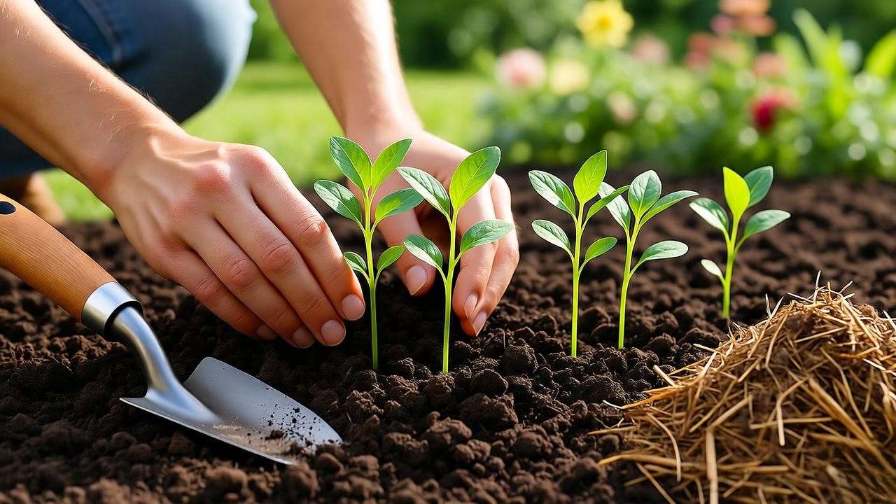 Gardener planting Canterbury bells seedlings in well-drained soil with gardening tools."
