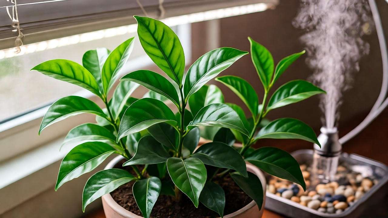 Indoor kaffir lime plant near a window with grow lights and humidifier."
