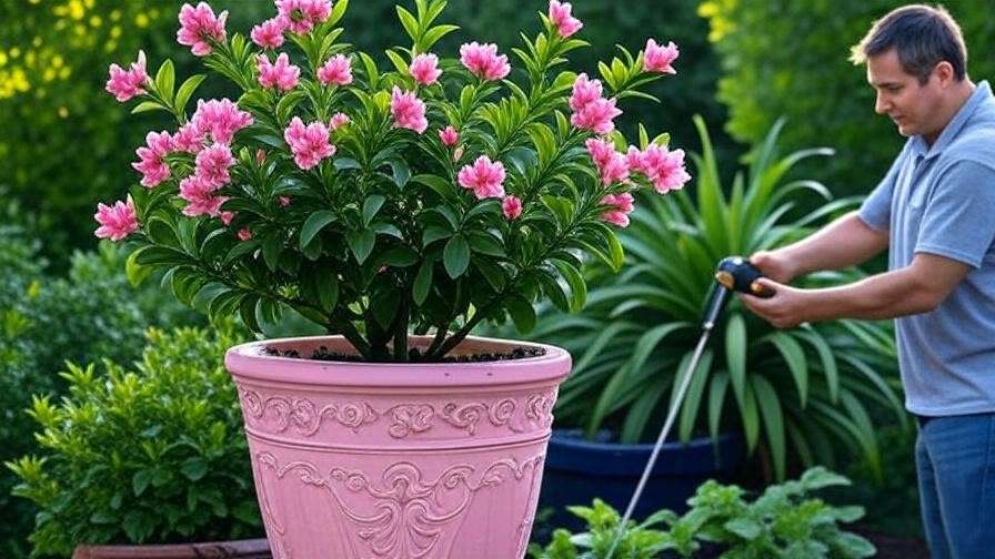 Pink lemon tree in 15-gallon pot on patio with moisture meter in use."