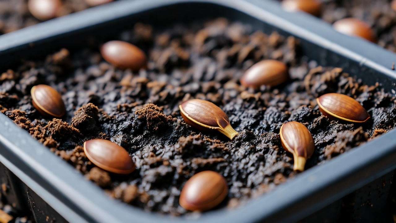 Tray of chocolate lily seeds in moist soil for cold stratification".