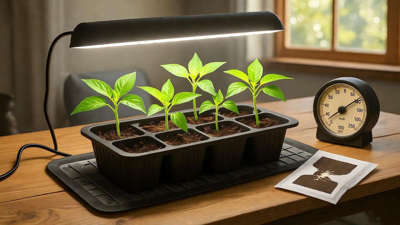  Indoor gardening setup with bird's eye pepper seedlings in pots under a grow light, including a heat mat and seed packets, promoting successful germination.
