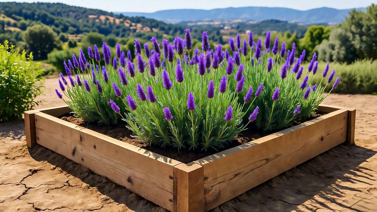 lavender thriving in raised bed with gritty compost over heavy clay soil