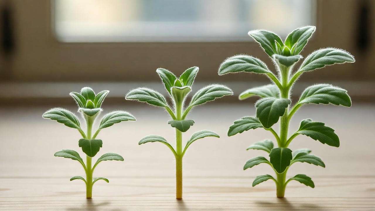 Curry plant seedlings at cotyledon, true leaf, and 6-inch growth stages in natural light