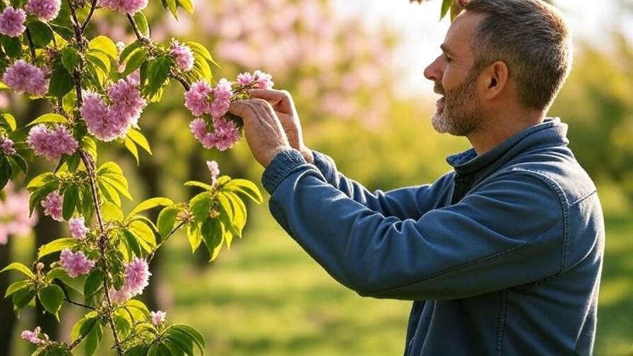 Gardener hand-pollinating cherry blossoms with a soft brush in an orchard". 