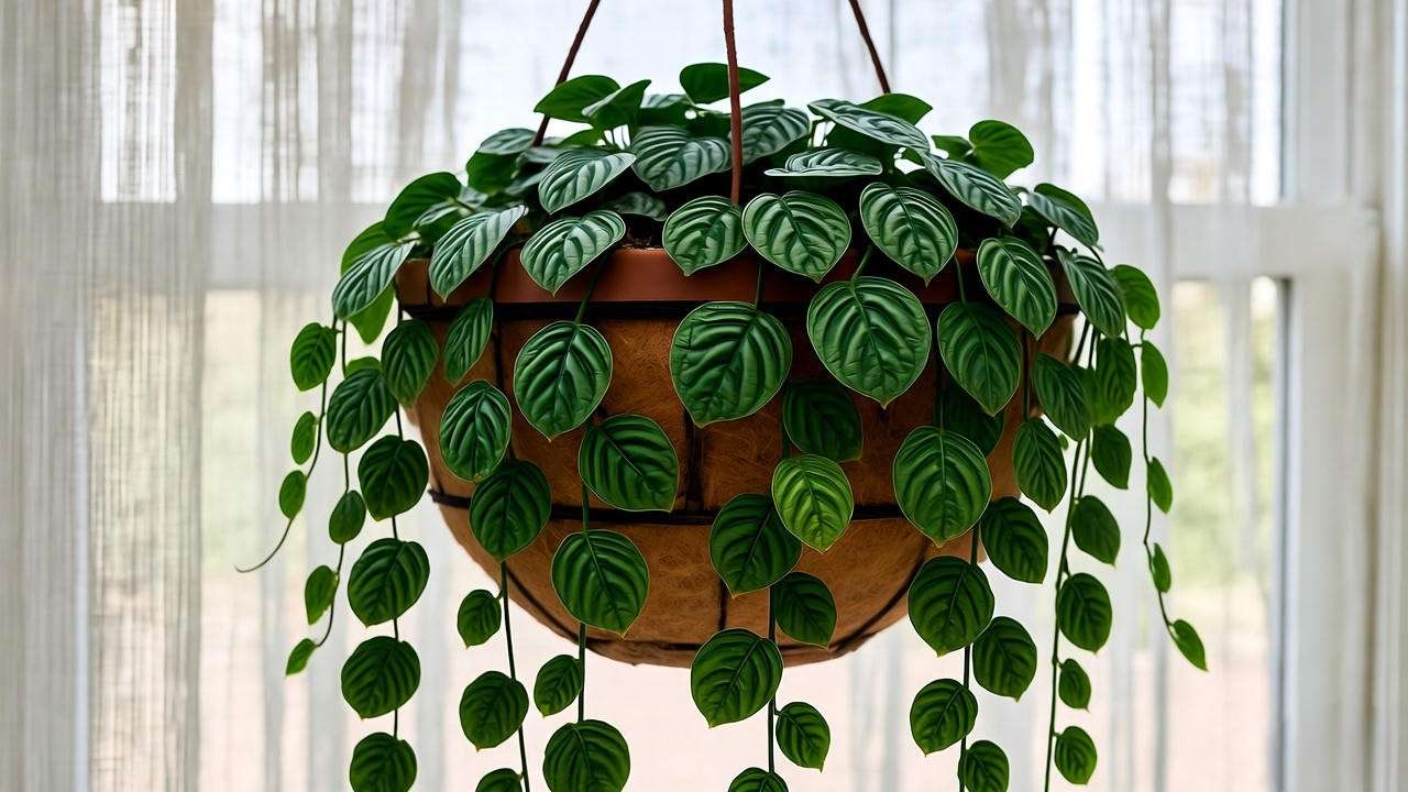 Stylish hanging basket with a thriving String of Turtles plant near a window.