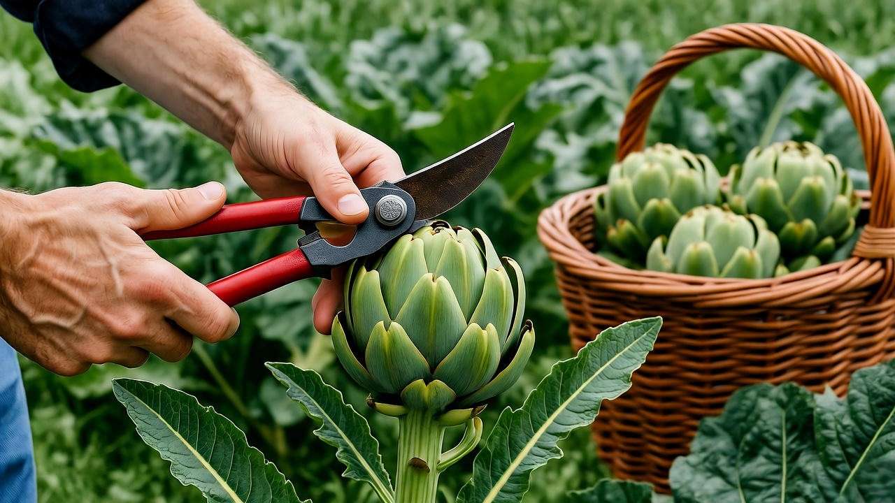 Close-up of artichoke bud harvest with pruners and basket of fresh artichokes in the background.