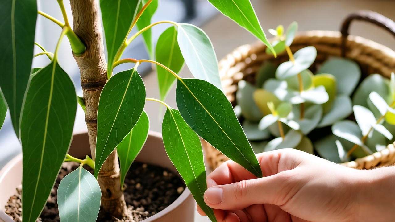 Hand harvesting eucalyptus leaves for aromatherapy from an indoor plant."