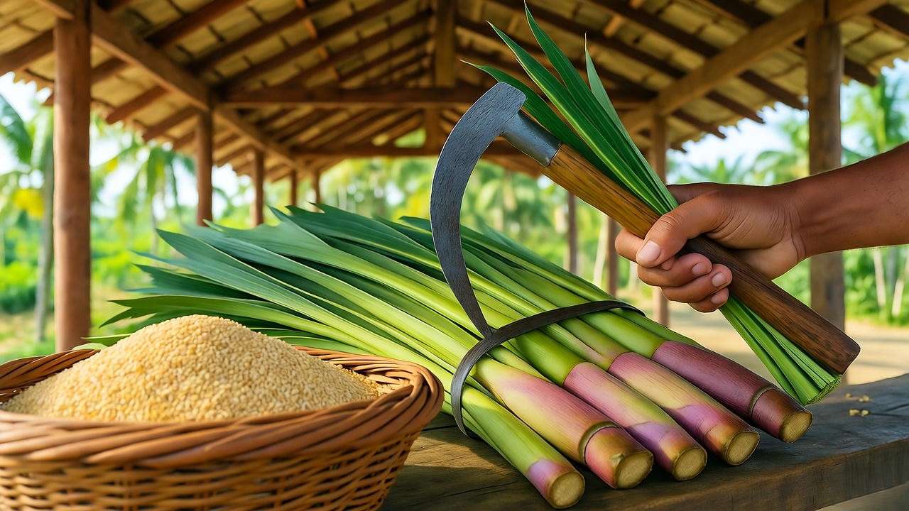 Farmer harvesting gingelly stalks and drying bundles with sesame seed basket.