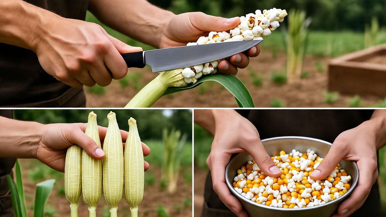 Step-by-step process of harvesting popcorn with hands cutting and shelling kernels."