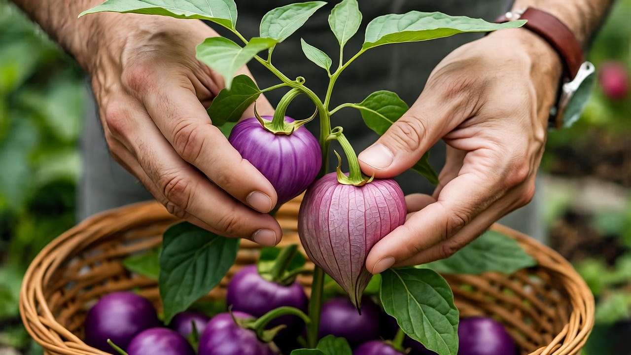 Harvesting ripe purple tomatillos from plant in garden