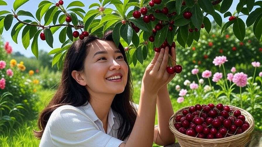 Hands picking ripe red cherries from a tree with a basket on the ground in a vibrant garden".
