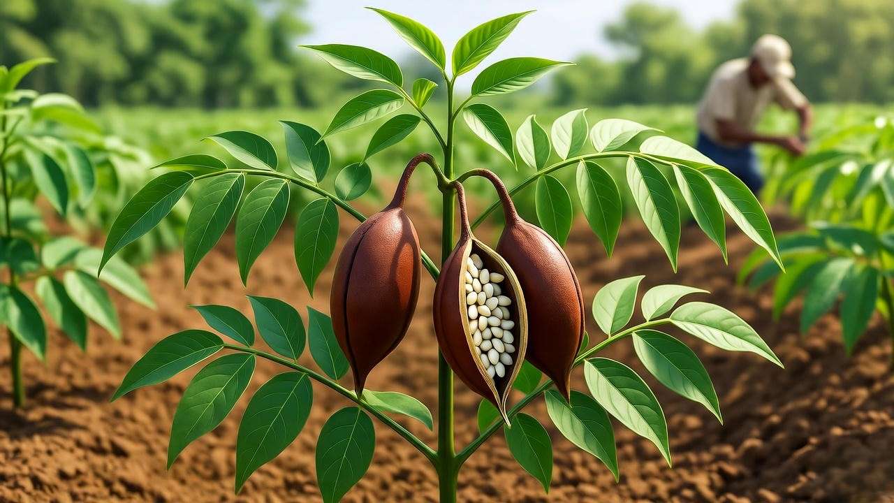 Close-up of a gingelly plant with mature sesame pods in a sunny garden, farmer in background.