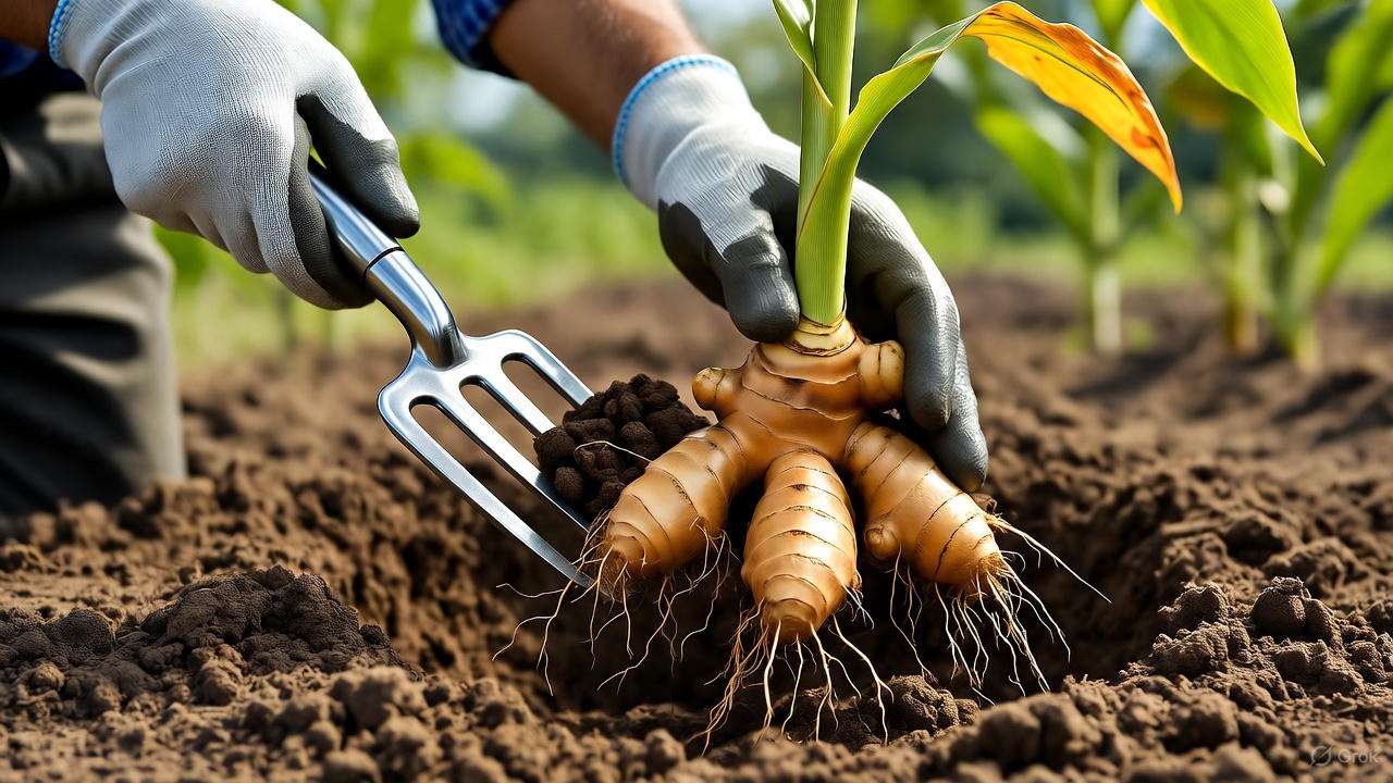 Gardener harvesting a mature ginger rhizome with a garden fork, showing golden roots and yellowing foliage in a garden setting.”
