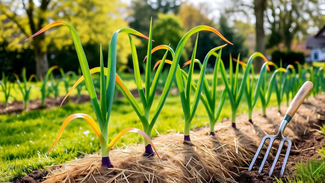"Garlic plants in a mulched garden bed with yellowing leaves and a garden fork at harvest time".