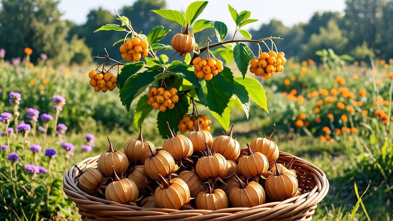 Freshly harvested golden berries in a basket near a garden bush.