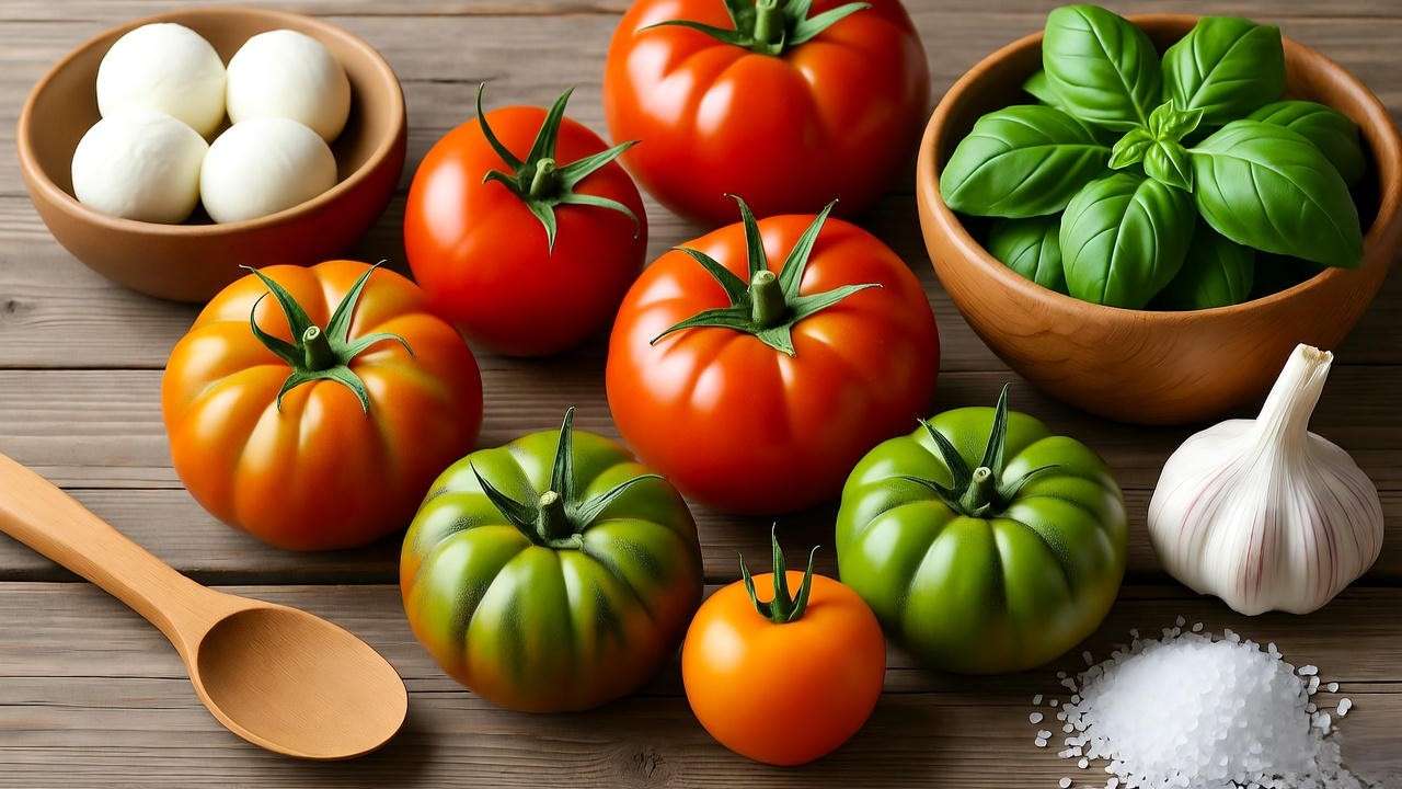 Freshly harvested heirloom tomatoes with Caprese salad ingredients on a wooden table"