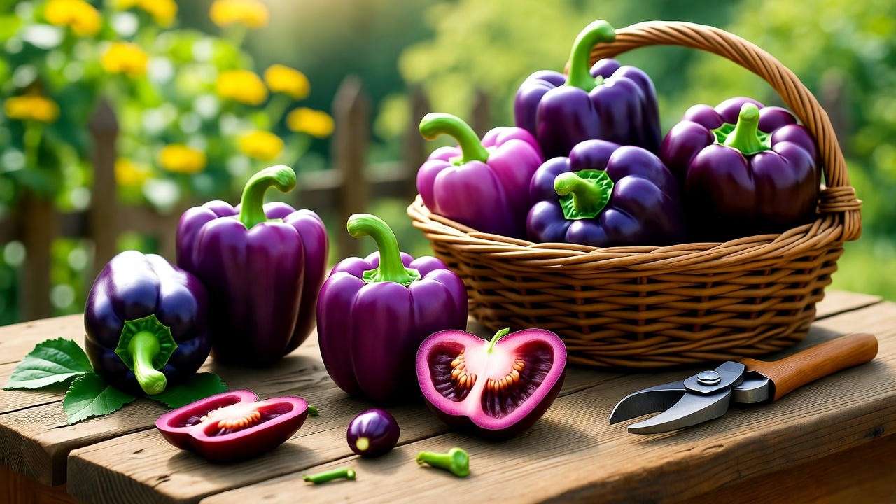 "Basket of freshly harvested purple bell peppers on a wooden table with garden