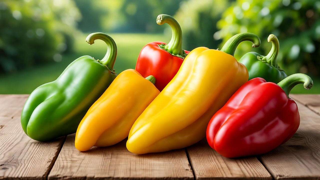 Harvested Cubanelle peppers in green and yellow/red on a wooden table with garden background.