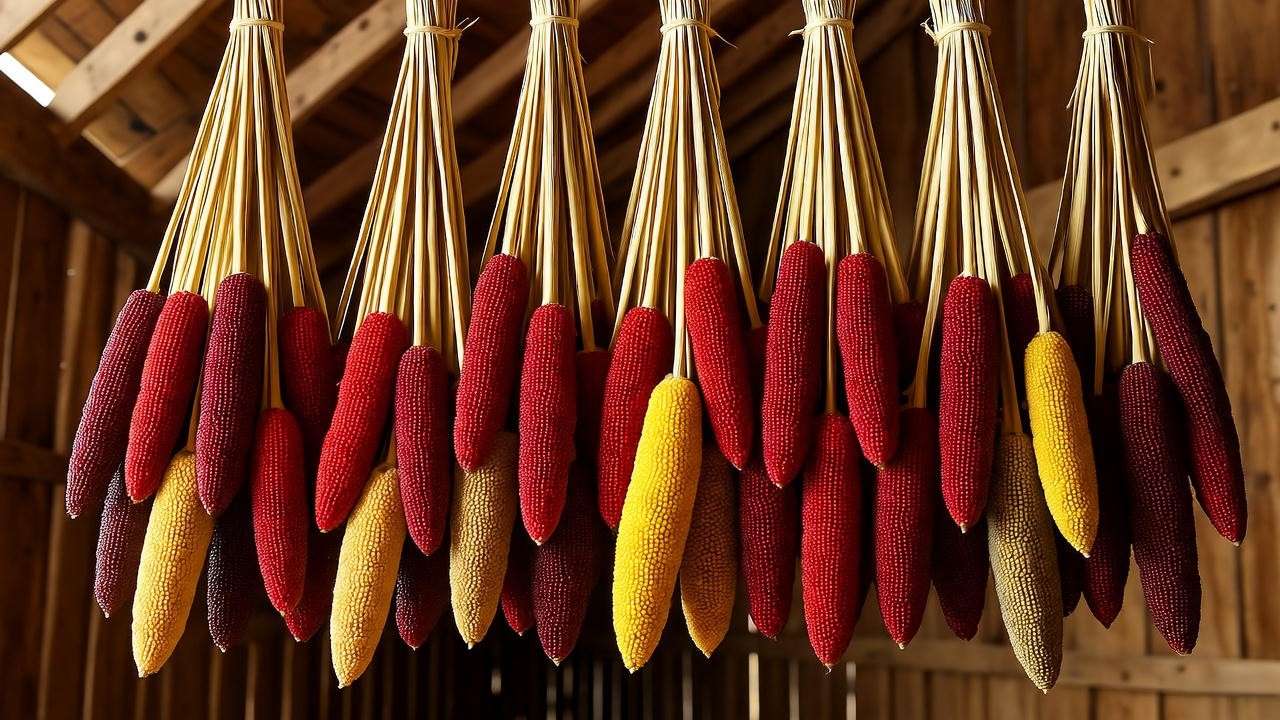 Close-up of broom corn stalks with red and yellow seed heads drying in a rustic barn, eco-friendly harvest setting.